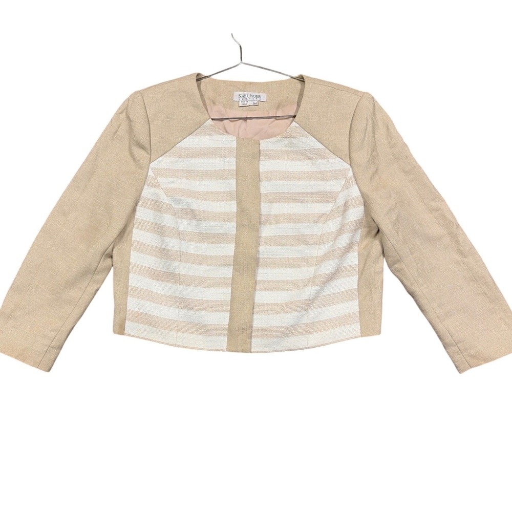 Kay Unger Blazer Womens 8 Tan Cream Striped Boucle Cropped Zip Jacket Career